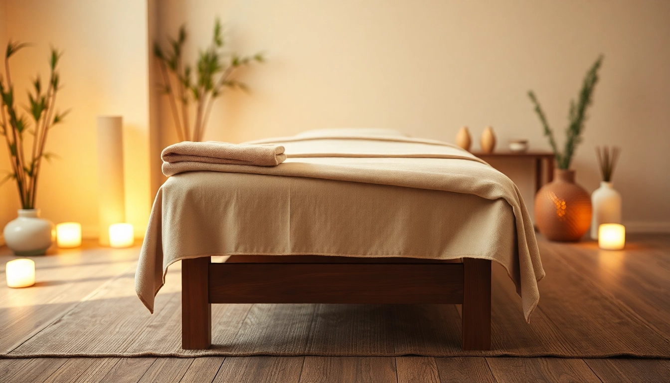 Relaxing Dongtan출장마사지 therapy room with soft lighting and calming decor.