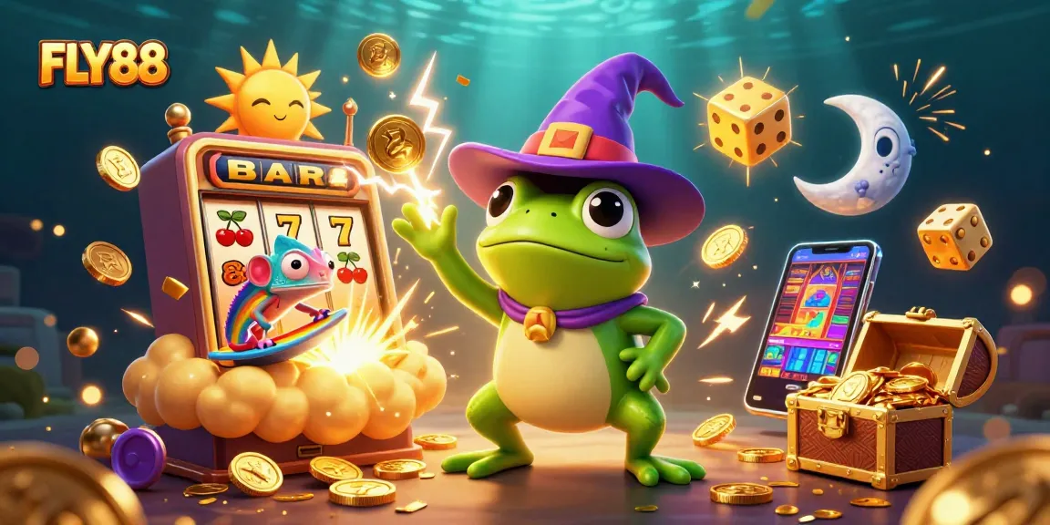 FLY88 brings excitement with a vibrant illustration of a wizard frog and chameleon amidst jackpot symbols, showcasing thrilling casino adventure.