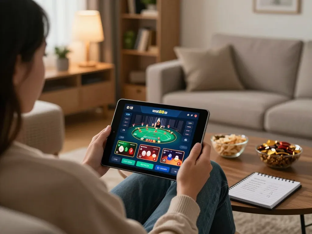 Engaging with src="nk88" app for online casino gaming in a cozy home setting.