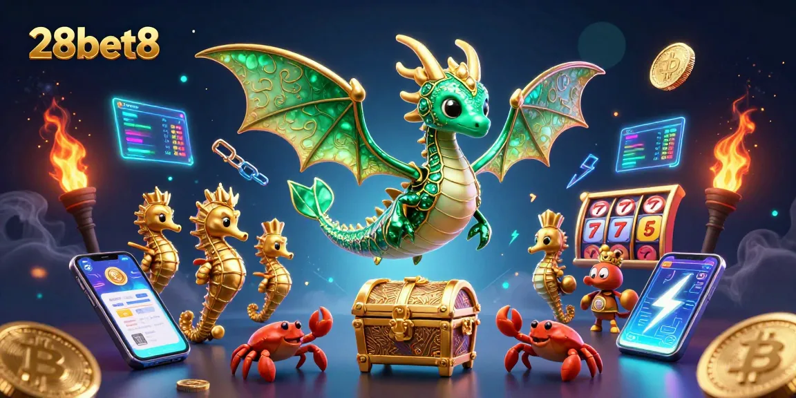Engage in thrilling bets with 28bet8, witnessing an enchanting sea dragon and gold treasure amidst vibrant crypto elements.