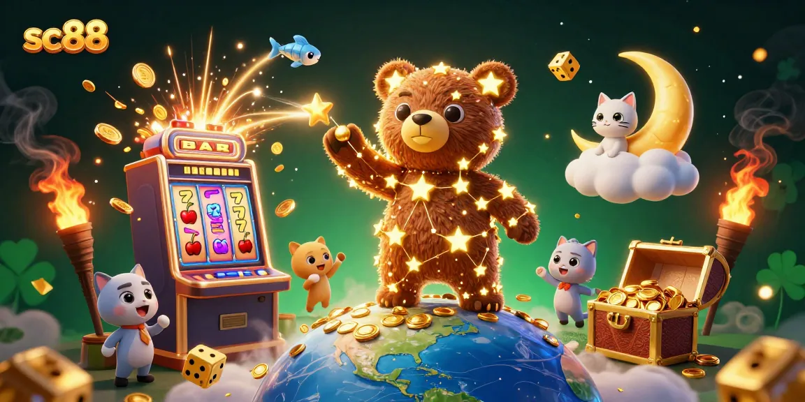 Experience the excitement of sc88 with a dazzling illustration featuring a constellation bear scooping coins amidst a casino atmosphere.