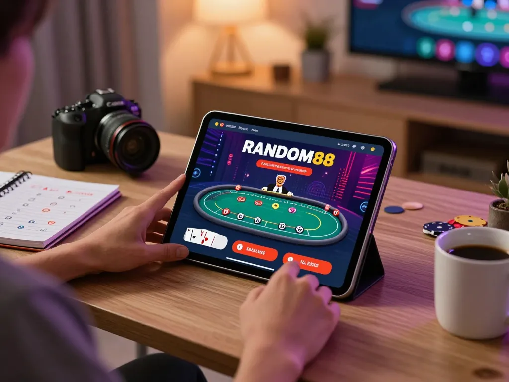 Permainan yang menarik di aplikasi kasino RANDOM88 ditampilkan di tablet dalam suasana rumah yang nyaman.
