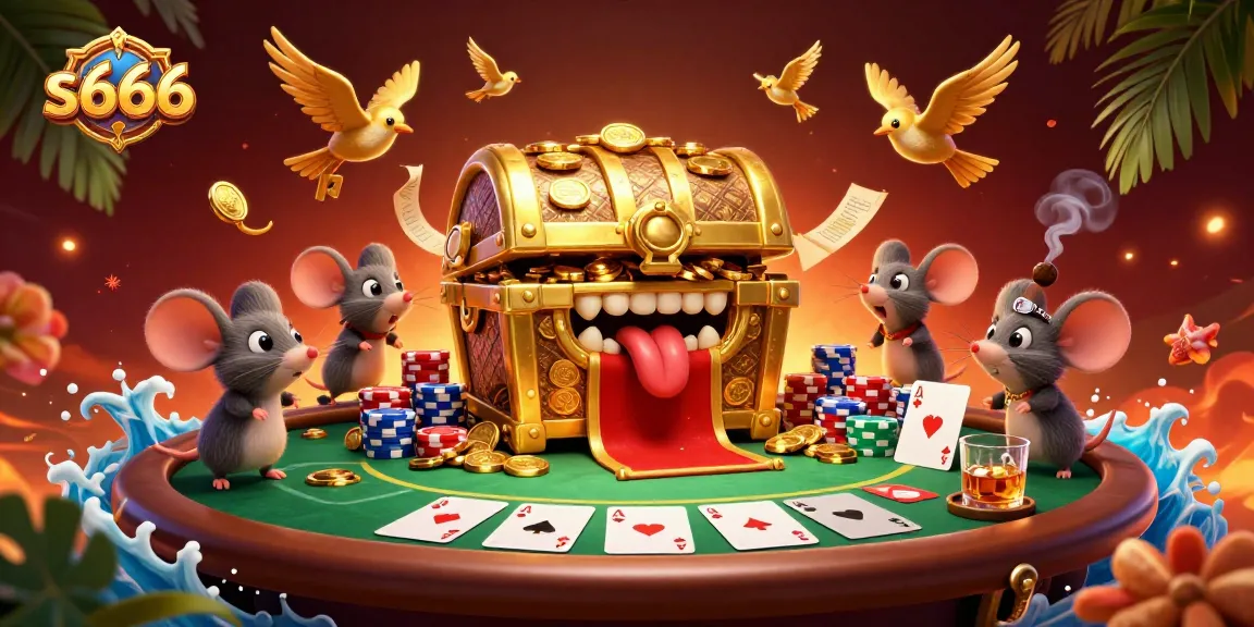 s666 showcases a vibrant casino scene with a whimsical treasure chest, enticing players with poker excitement and colorful chips.