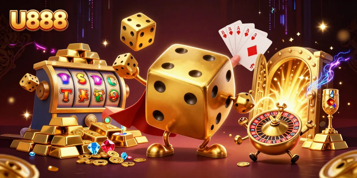 Join the U888 online casino with a golden dice golem and vibrant slot elements.
