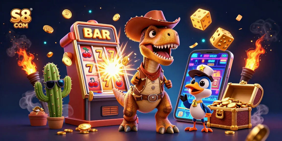 Spin the reels with excitement at S8 COM, featuring a vibrant casino scene with characters and jackpot elements.