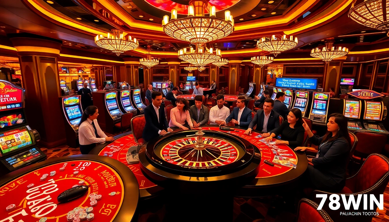 A vibrant casino scene with players enjoying blackjack and exciting games at 78WIN, showcasing luxurious poker tables and thrilling slot machines.