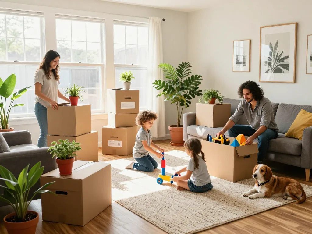 Familie packt Kartons in ihrem neuen Zuhause mit Unterstützung von Umzugsunternehmen Hannover und zeigt ein freudiges Umzugserlebnis.