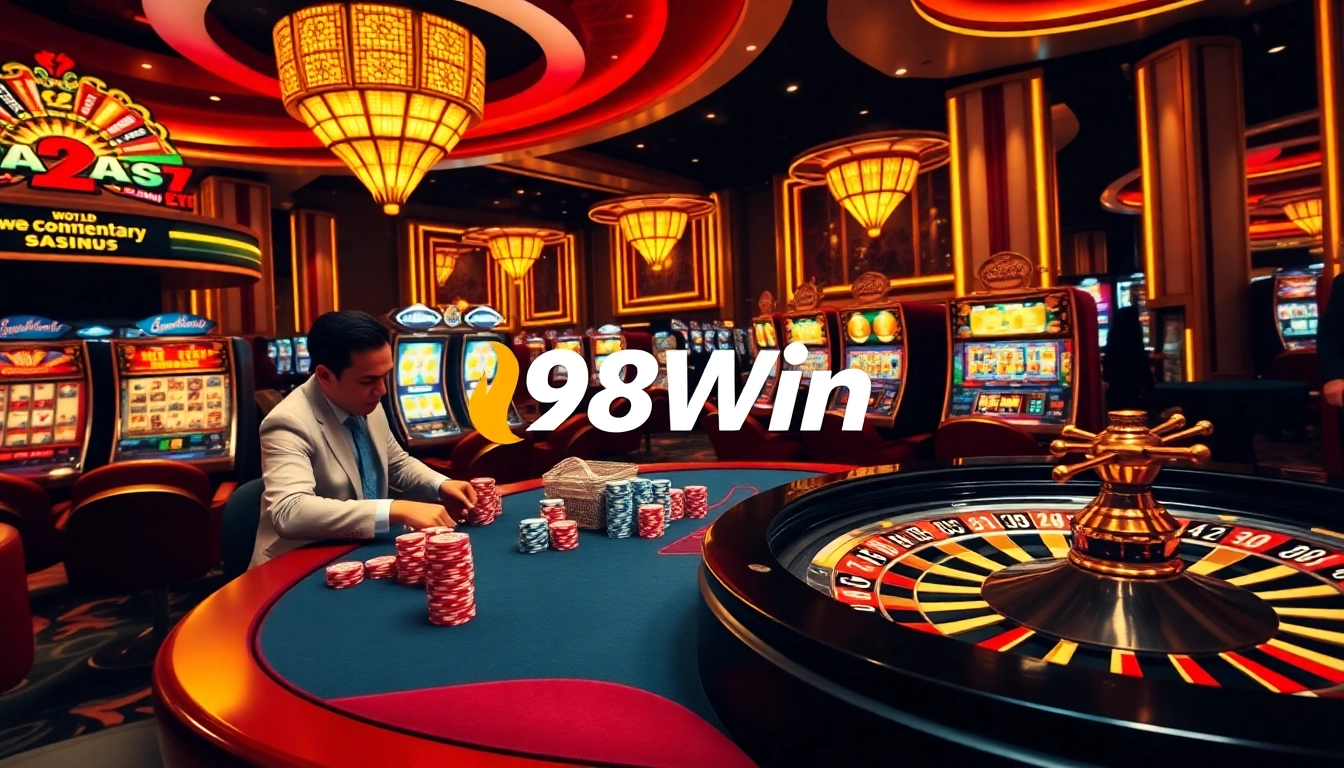 Exciting gambling scene at 98Win casino with poker players and vibrant roulette wheel.