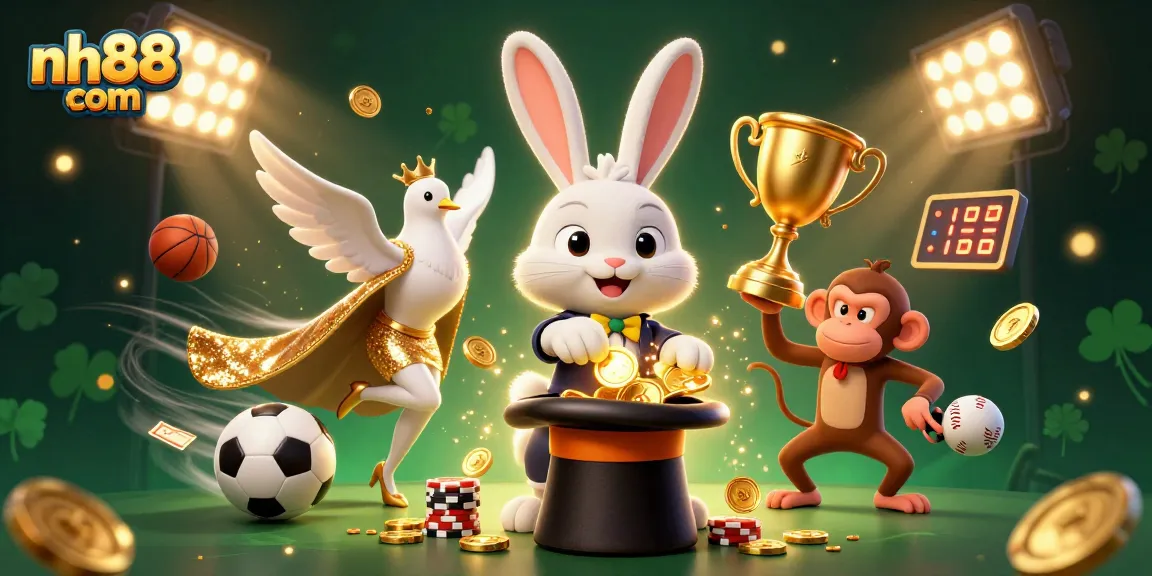 Engage with thrilling games at nh88 com with this vibrant 3D illustration featuring a magician, dove, and monkey in a dynamic casino scene.