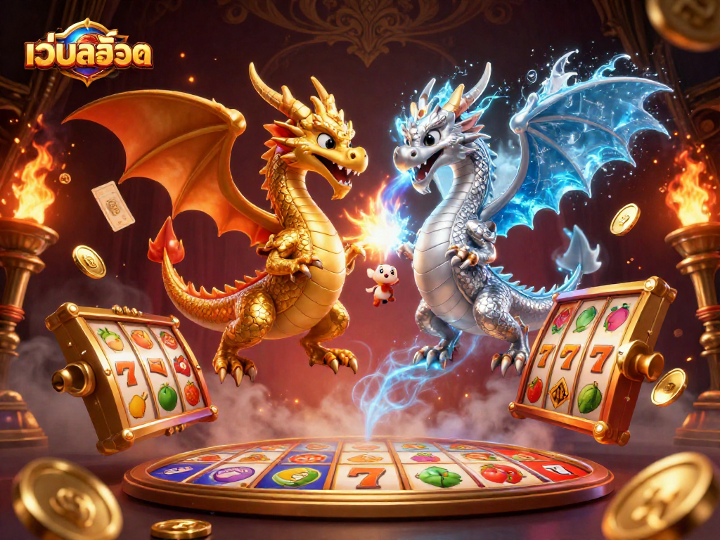 Experience เว็บสล็อต excitement with dynamic twin dragons amidst vibrant slot reels and gold coins flying through the air.
