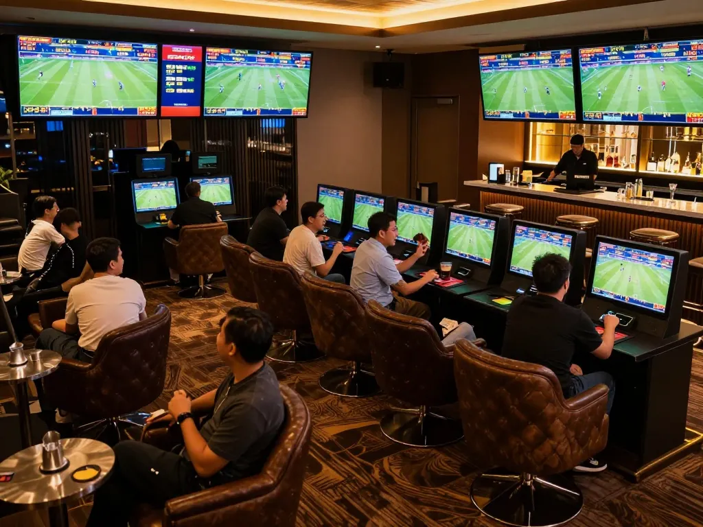Excited sports bettors enjoying kèo nhà cái in a luxurious lounge with live match screens.