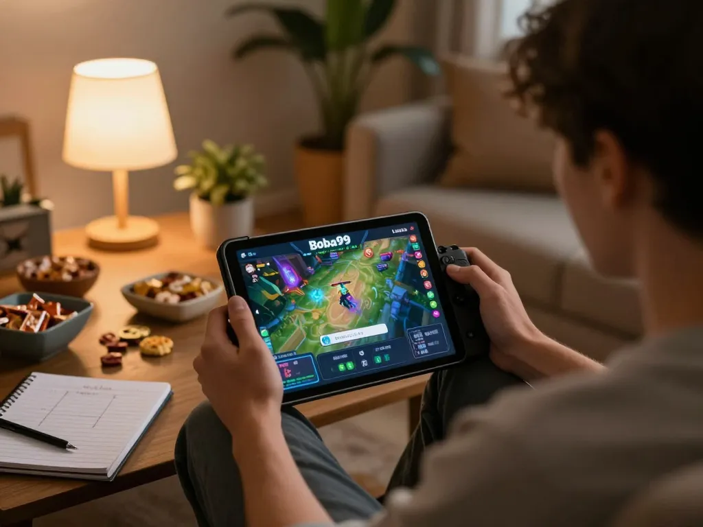 Layar Login Boba99 ditampilkan di tablet, menampilkan pengalaman permainan online interaktif