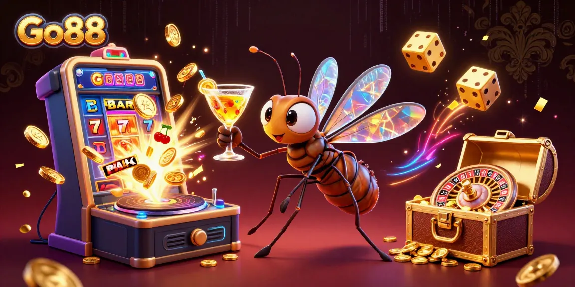 Go88 casino scene featuring an animated mosquito mascot and trilobite DJ in vibrant digital surroundings.