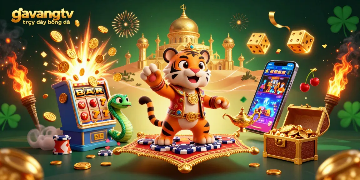 Experience gavangtv trực tiếp bóng đá with a dynamic scene of gaming excitement, showcasing thrilling slots and a vibrant illustration.