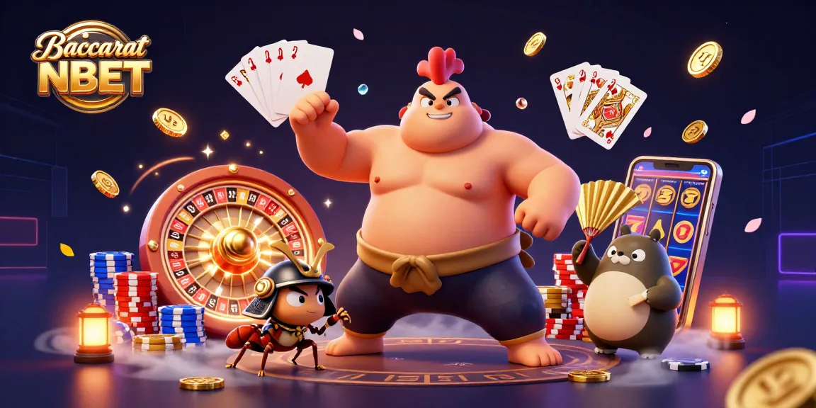 Baccarat NBET showcases a vibrant 3D scene with a sumo wrestler rooster, fierce cricket, and tanuki announcer amidst casino elements.