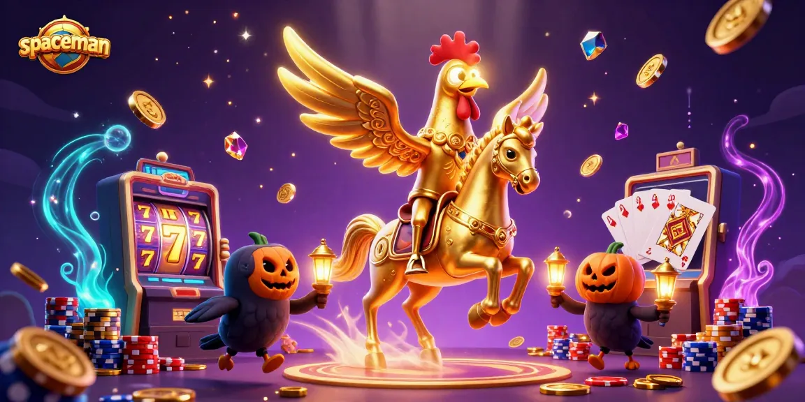 Spaceman slot game featuring a golden rooster character in a midnight casino scene, glowing jackpots and colorful poker elements.