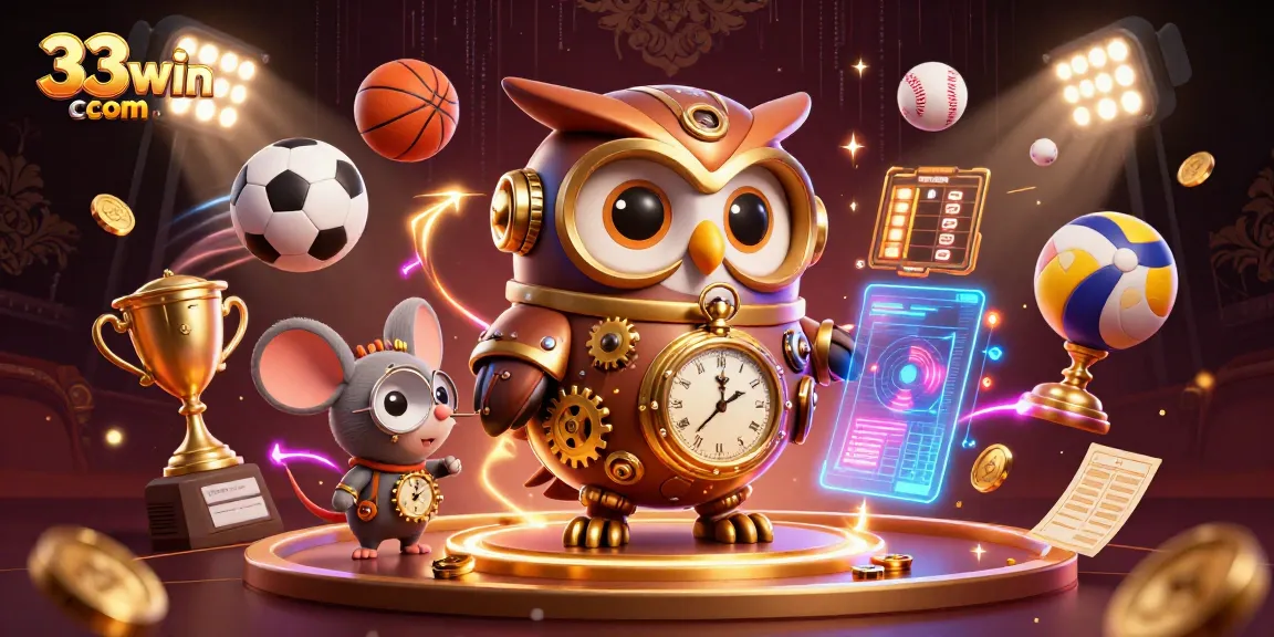 Engage with 33win com's steampunk casino scene featuring an owl and mouse, plus dynamic sports elements.