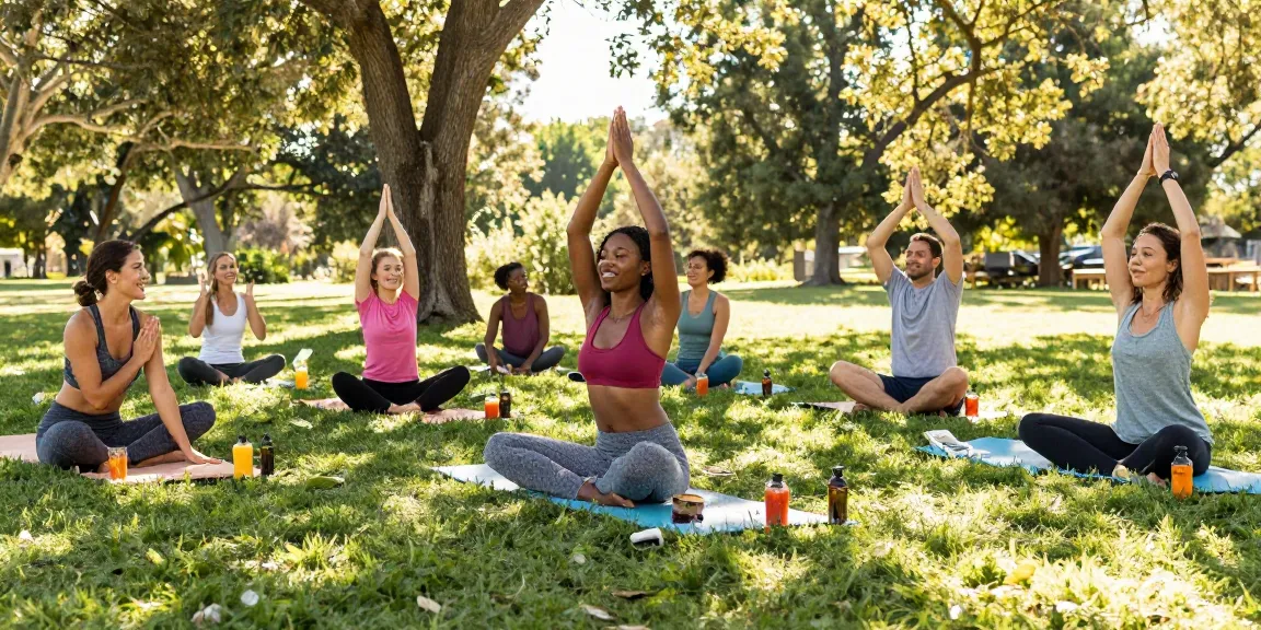 Ministry of Cannabis youth engaging in CBD wellness during outdoor yoga session with natural products and vibrant atmosphere.