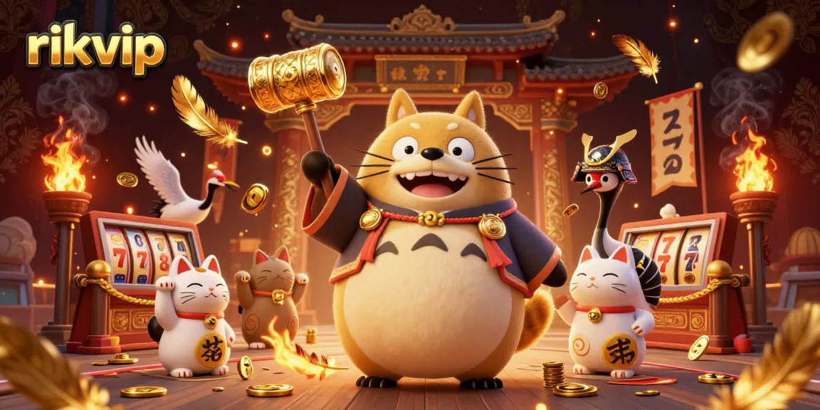 Experience vibrant gambling action with rikvip's excited tanuki character and lucky symbols in a dynamic casino scene.
