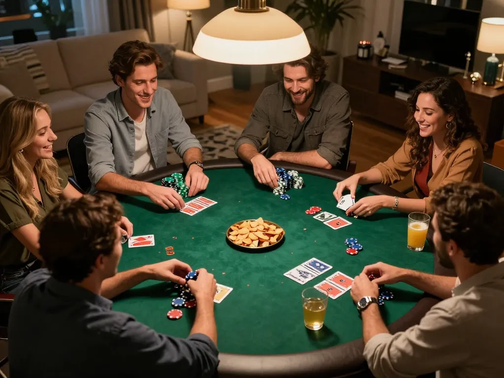 Friends enjoy a friendly poker game at home, showcasing strategic gameplay around a round table with chips, cards, and drinks, embodying the spirit of 33win com.