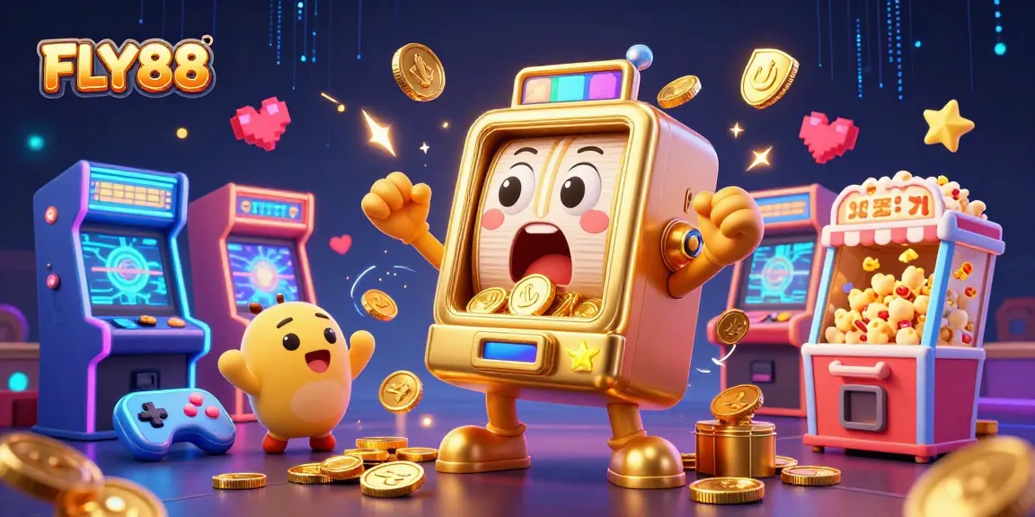 FLY88 slot machine hits jackpot with coins pouring out, cheering baby machines around