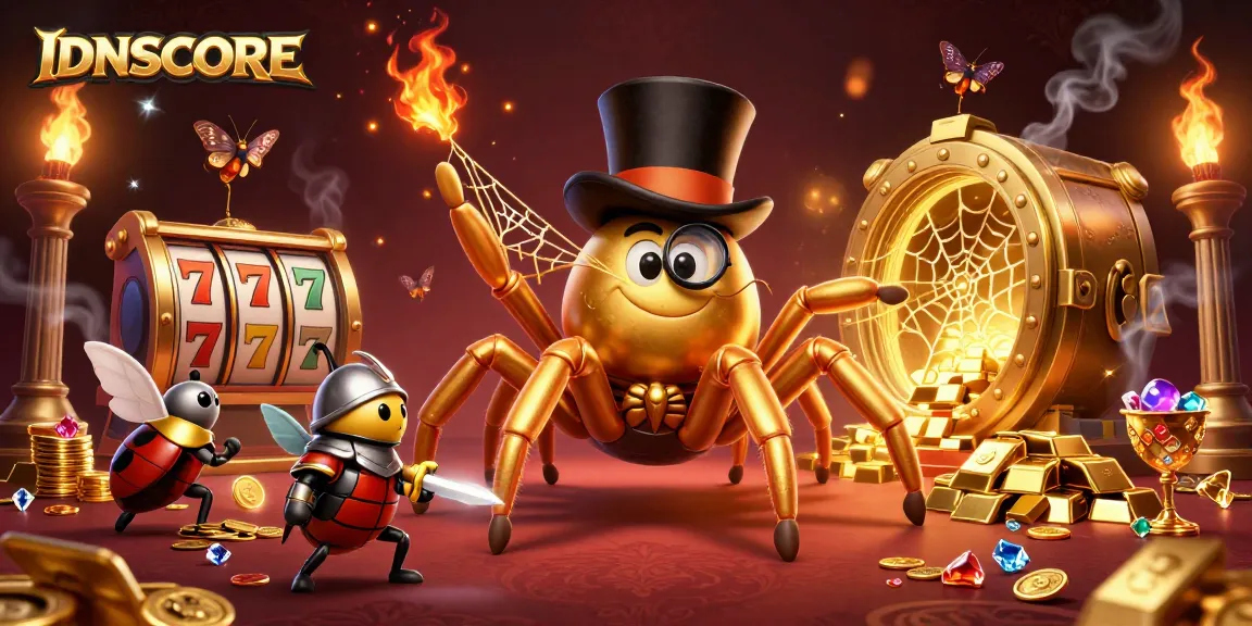 IDNSCORE players spin slot reels in a golden web with a giant tarantula and beetle knight.