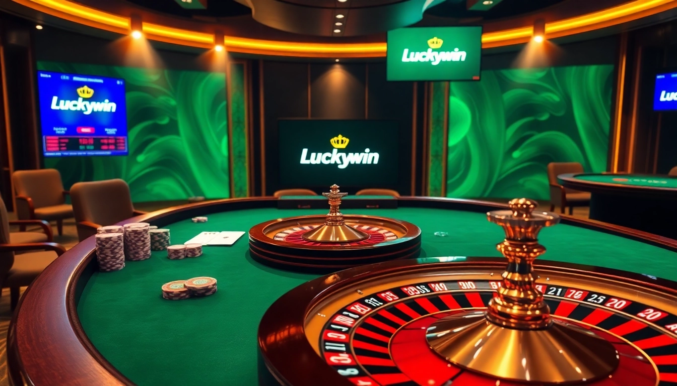 A vibrant casino scene at https://luckywin.name featuring a poker table and roulette wheel.
