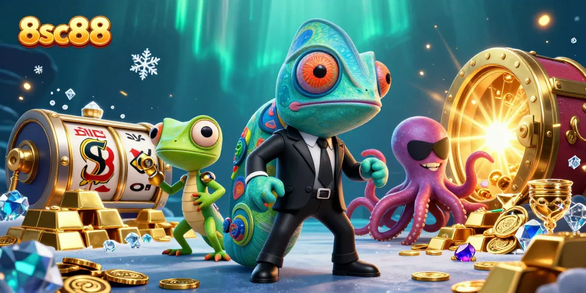Experience thrilling action at 8sc88 with a vibrant 3D scene featuring colorful casino elements and dynamic characters.