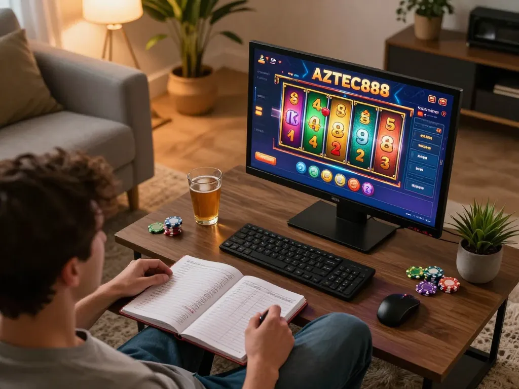 Player engaging with AZTEC888 mobile app for slots on a cozy sofa, displaying strategic gameplay notes.