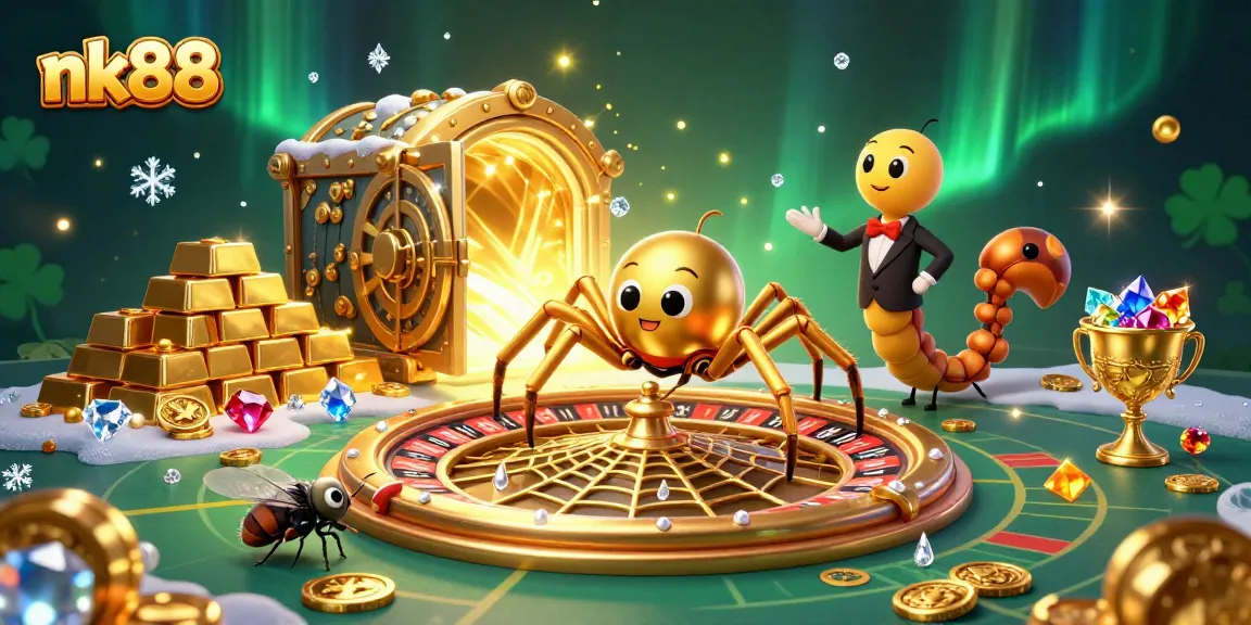 Bet on nk88 with a golden spider and centipede croupier in a vibrant casino scene.
