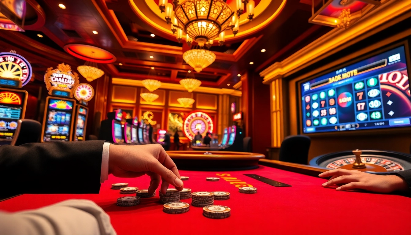 Experience the thrill of gambling at j88 with vibrant slot machines and poker chips.