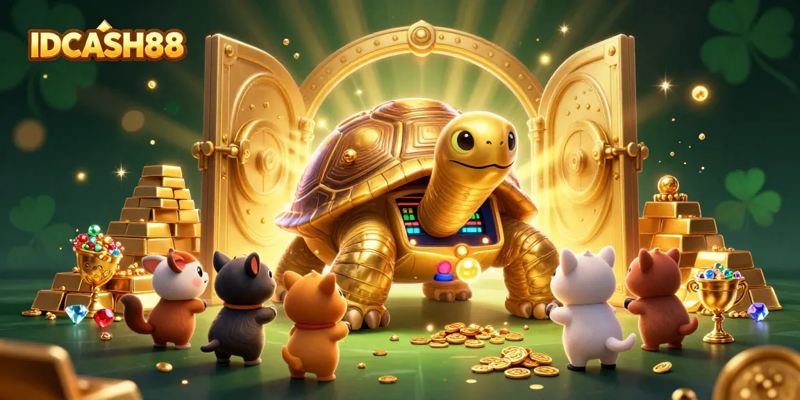 Engage with IDCASH88, featuring a colossal golden tortoise and treasure in a vibrant casino scene.