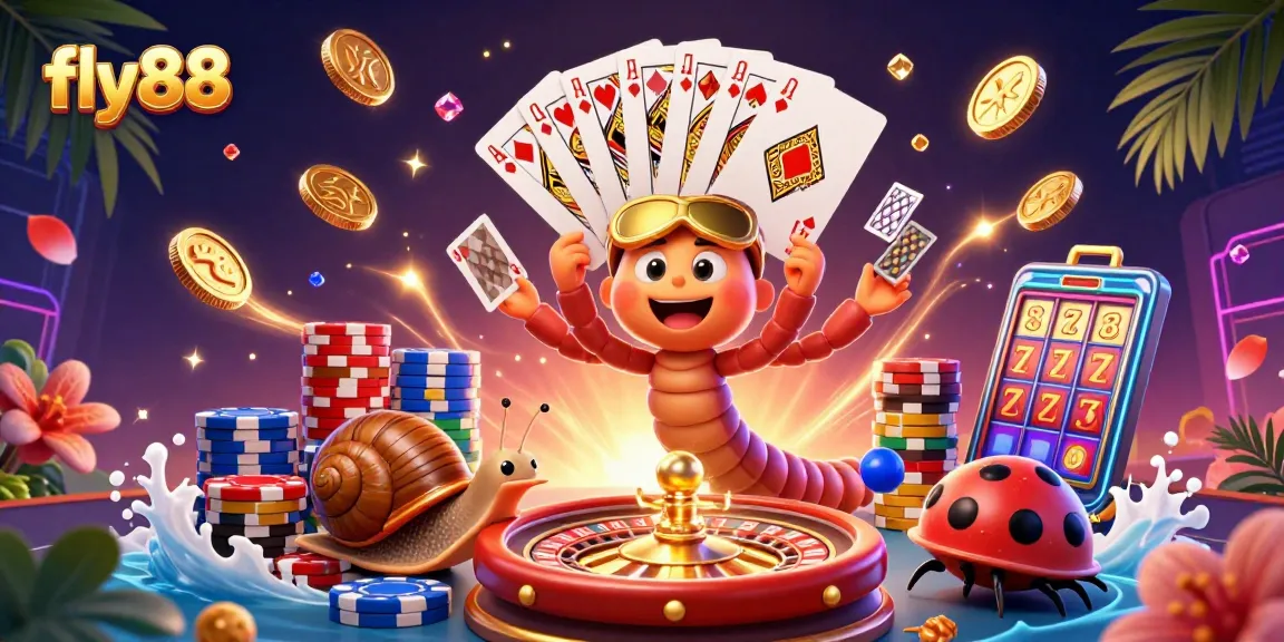 Experience thrilling fun at fly88 with a cartoon millipede dealer showcasing cards and gaming excitement.