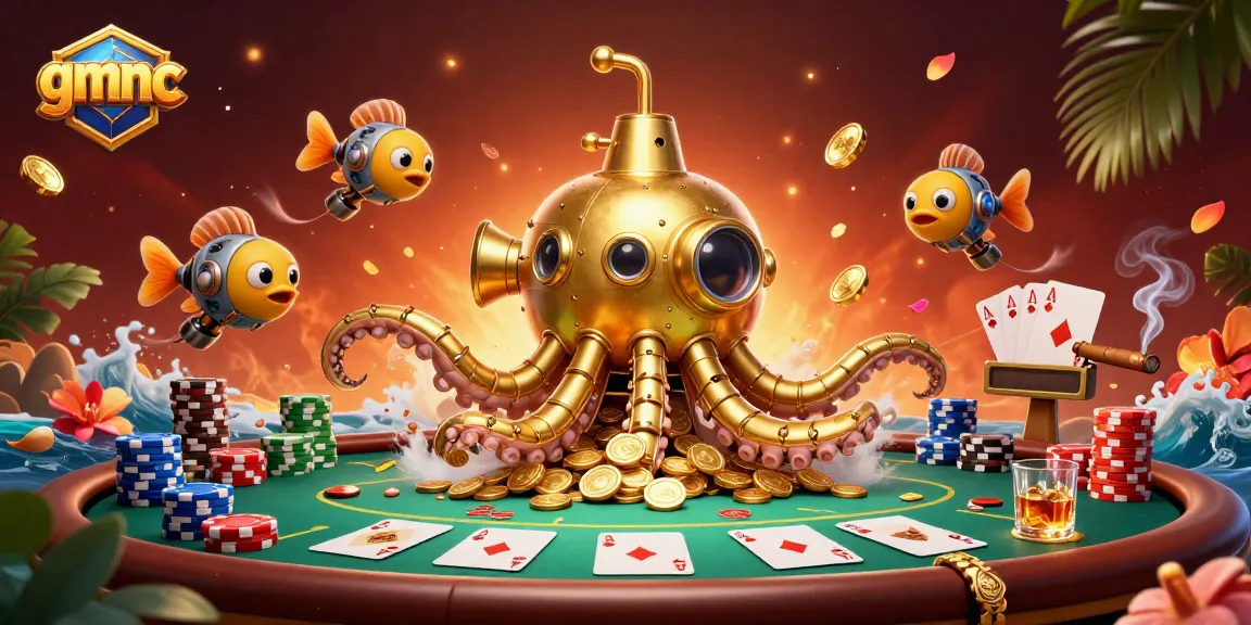 Experience gmnc with a golden kraken submarine in a vibrant casino scene filled with poker elements.