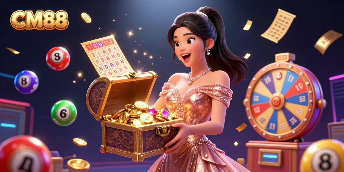 Engage with CM88's vibrant lottery scene featuring a joyful woman unveiling treasures, showcasing excitement and gaming fun.