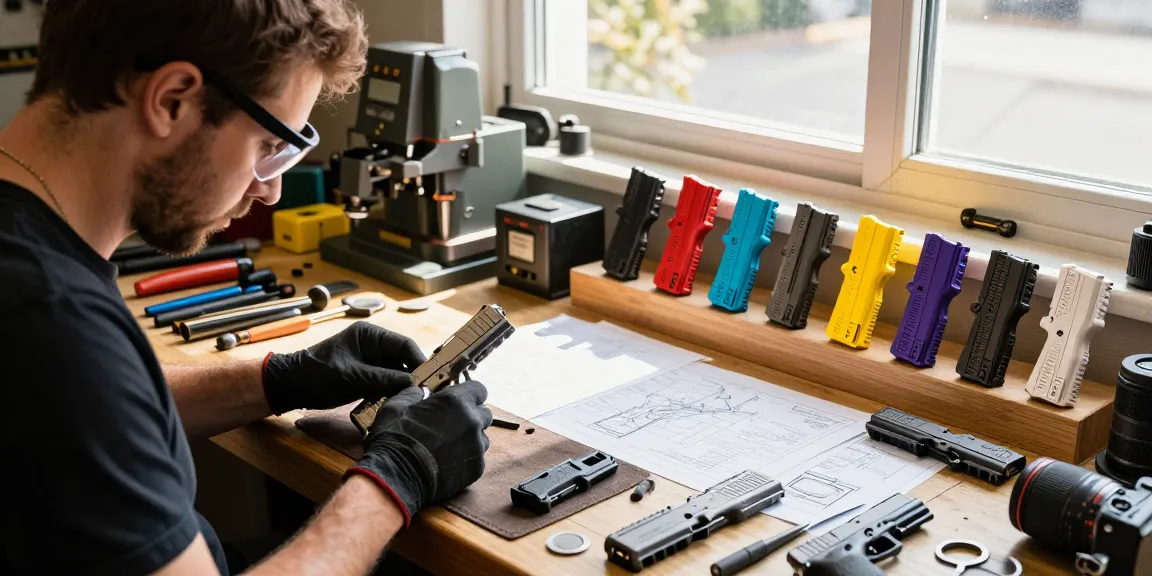 Gunsmith customizing Glock slides at https://precisionglockslides.com in a vibrant workshop filled with tools and colorful designs.