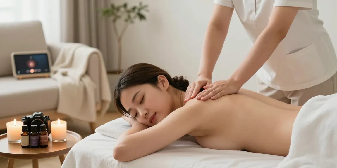 Relaxing 구리출장안마 massage scene in a serene living room, promoting wellness.