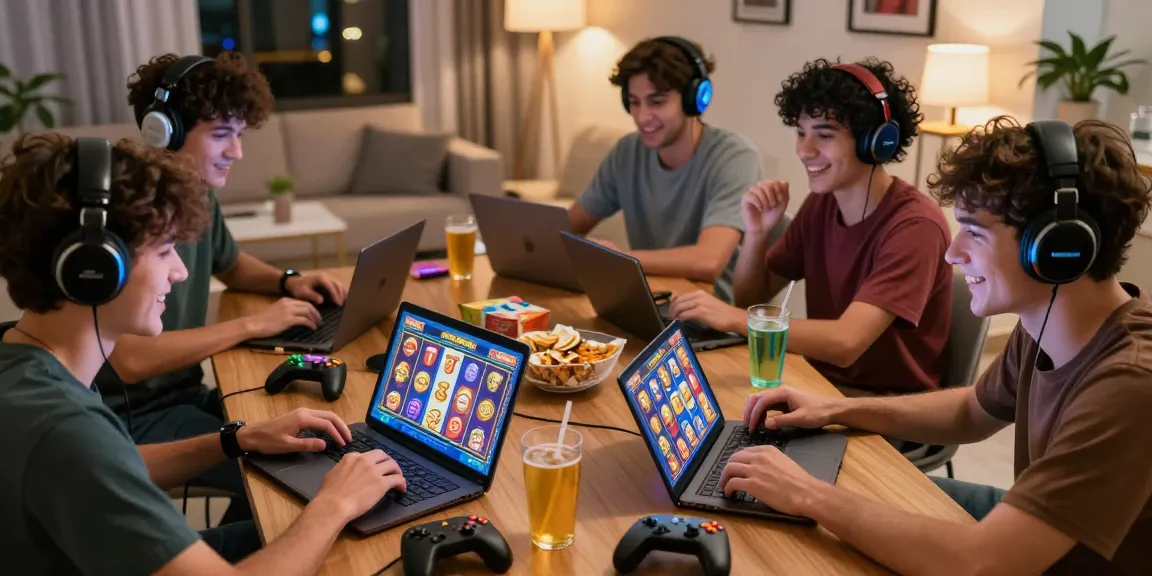 Players enjoying slot deposit 5k games in a lively home gaming environment, showcasing excitement and camaraderie.