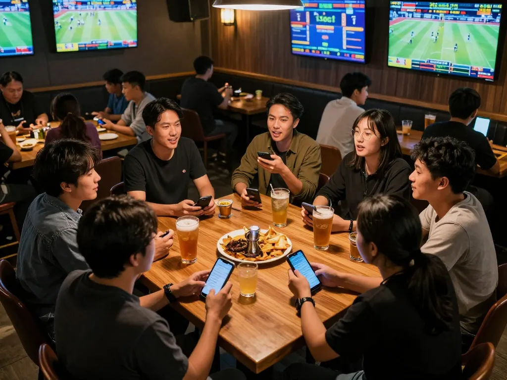 Place bets on kebet with friends enjoying live sports viewing at a vibrant sports bar atmosphere.