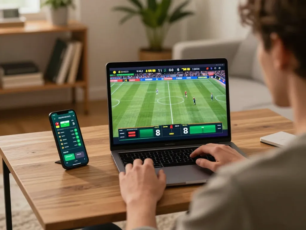 Engaging sports betting experience with GG 88 app on laptop, showcasing live action and personal space.