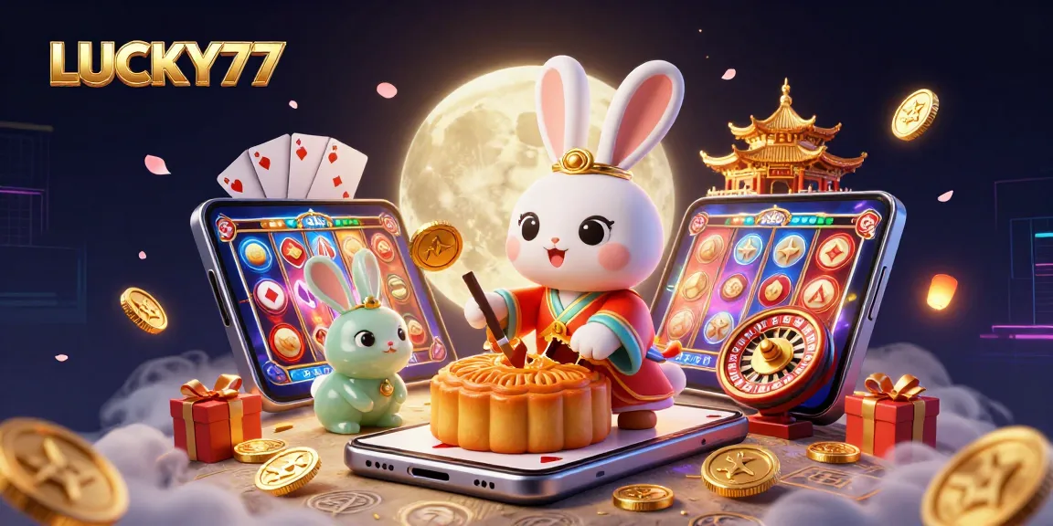 Play and win with LUCKY77 in an enchanting casino-themed lunar scene.