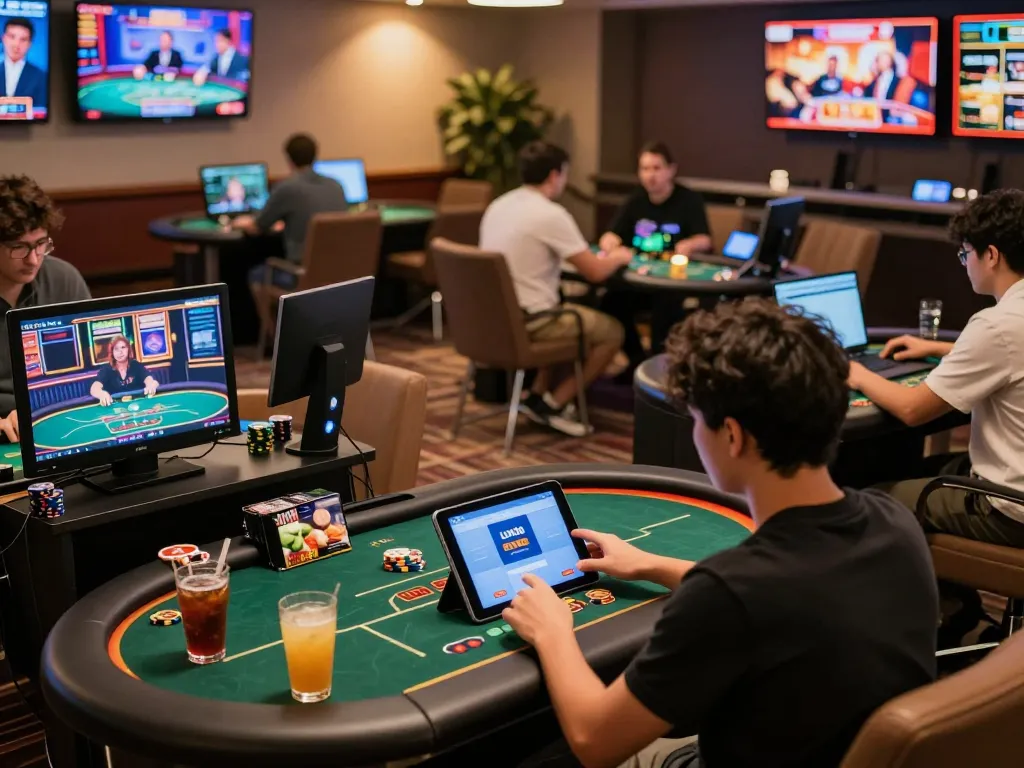 Ứng dụng chơi game LUCK8 được trưng bày trên máy tính bảng giữa cảnh casino trực tuyến sống động với những người chơi tham gia.