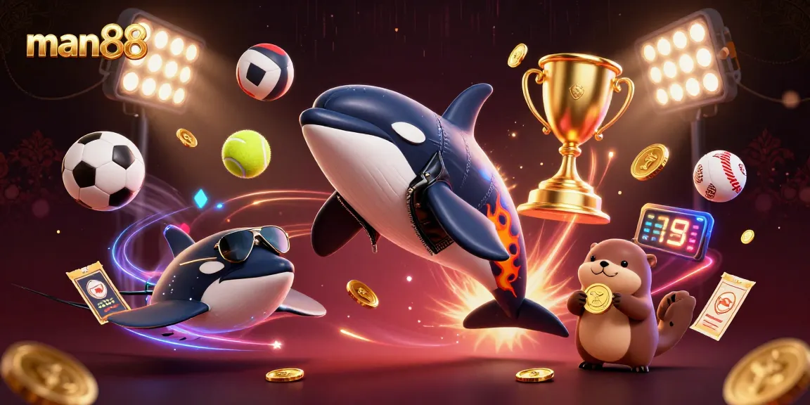 Experience excitement with man88 featuring an orca, stingray, and frolicking otters in 3D casino action.