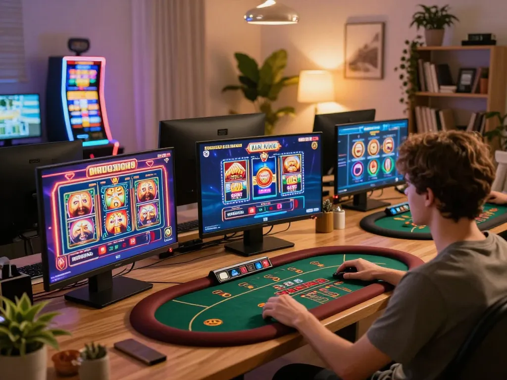 Player enjoying a thrilling gaming experience with 555win casino app on multiple screens at home