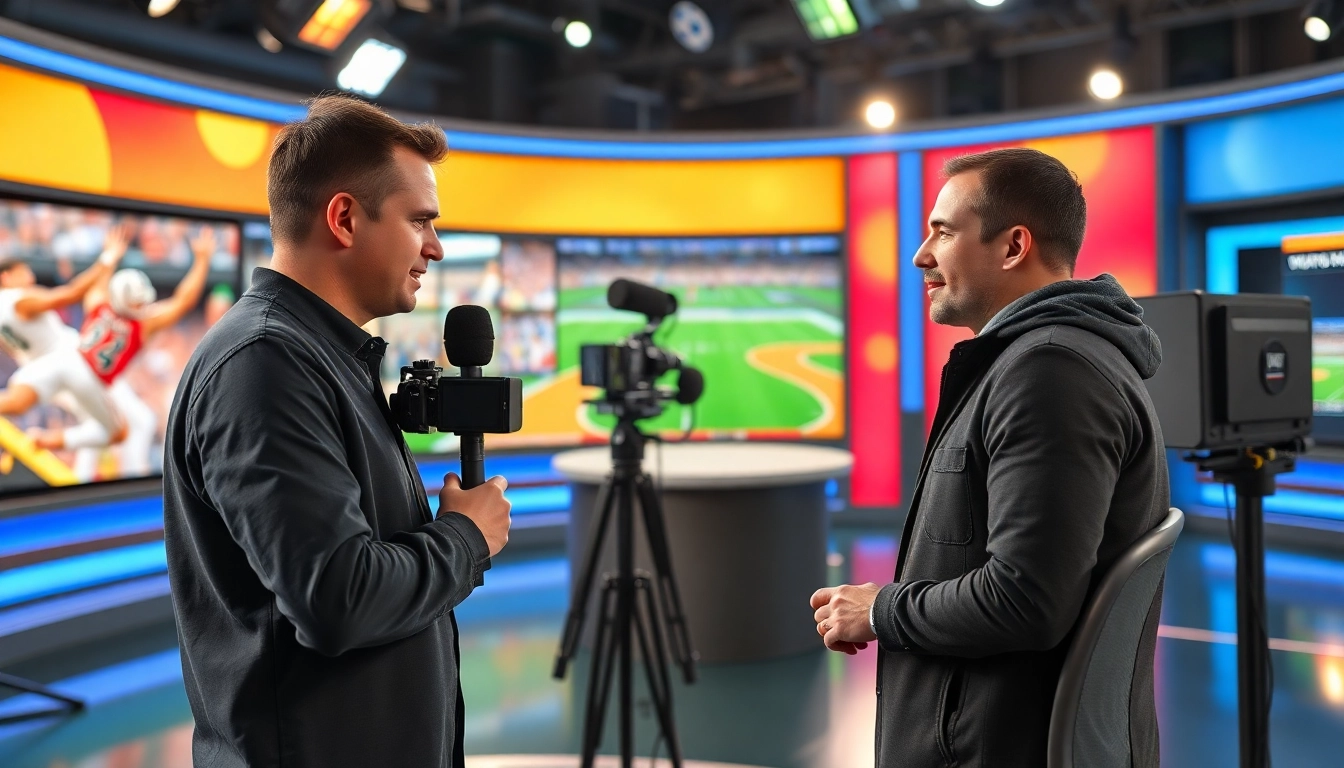 Engaging moment in sports broadcasting with a host and athlete in a professional studio.