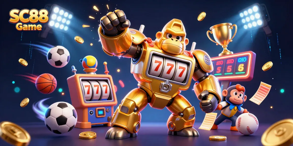 Engage in the thrilling SC88 Game with a dynamic 3D scene featuring a golden gorilla mech and sports elements.