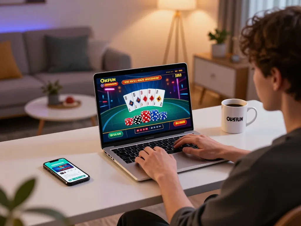 Engaging online casino gameplay on OKFUN as a player enjoys gaming at home.