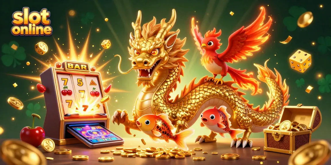 Mainkan slot online yang menarik di dunia perjudian sambil dikelilingi oleh naga emas dan simbol keberuntungan.