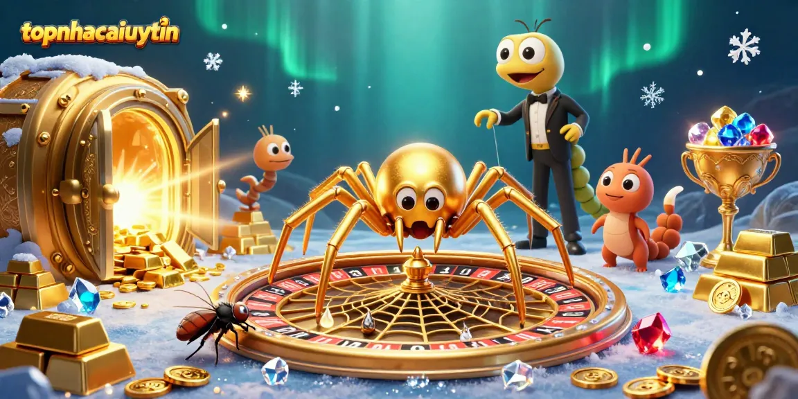 Engage with topnhacaiuytin as a golden spider spins a roulette wheel web showcasing exciting gambling elements.