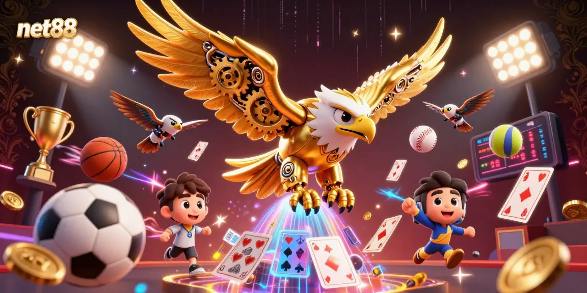 Join the thrilling action with net88 as the golden eagle soars among holographic playing cards and sports balls!